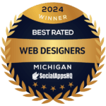 Gold and black award badge with text: "2024 Winner Best Rated Web Designers Michigan