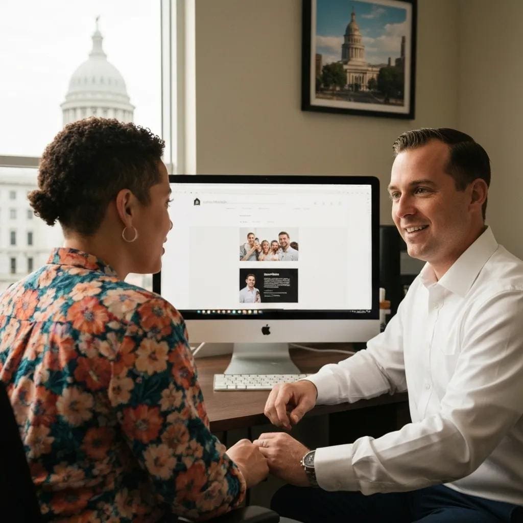 Local Lansing web designer collaborating with a small business owner on website design
