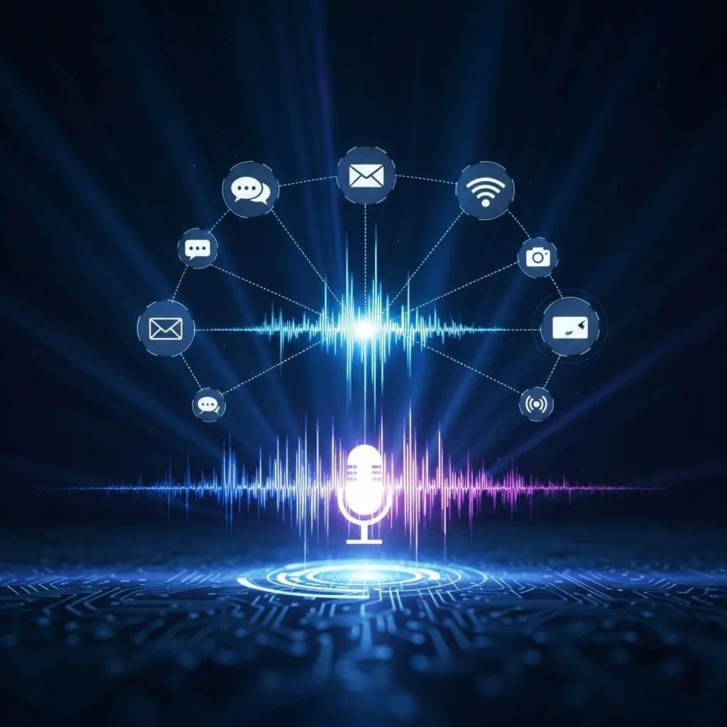 Abstract representation of AI technology with voice waves and communication icons