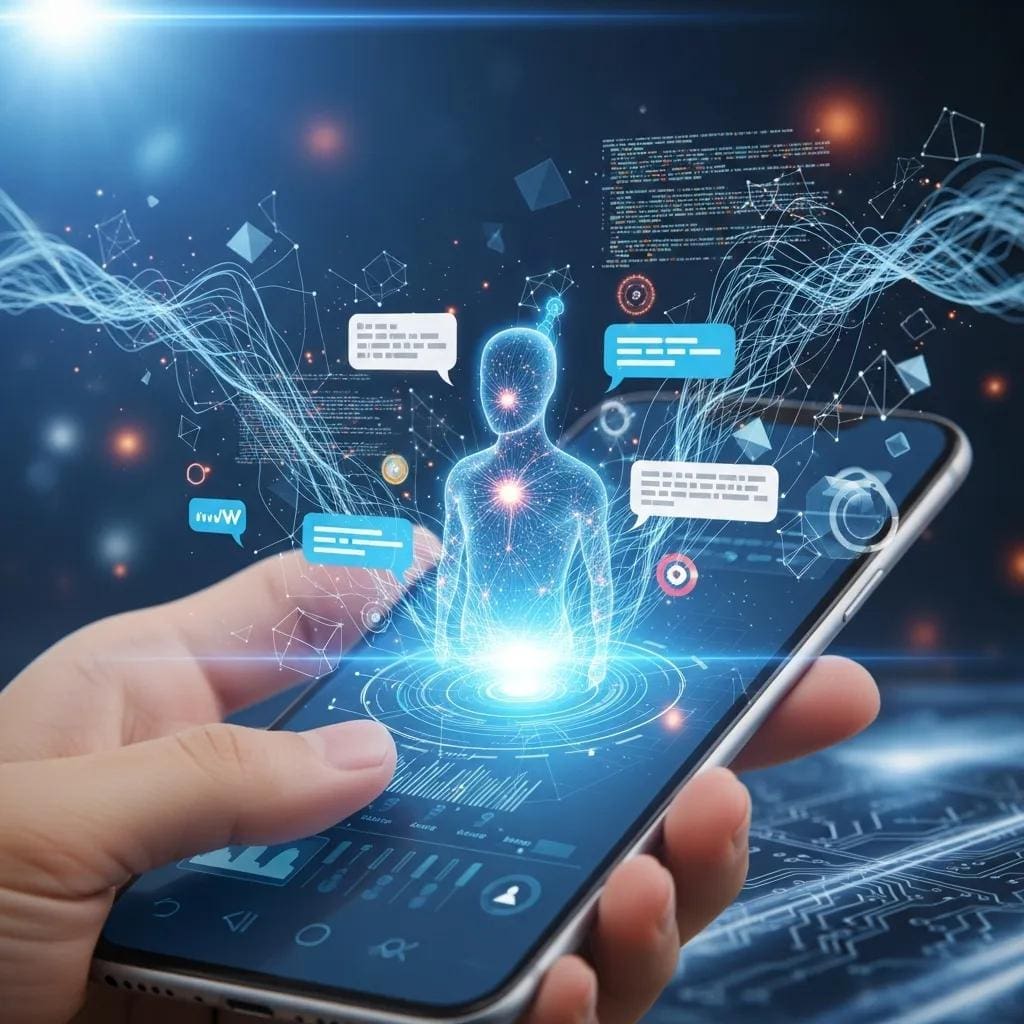 AI-powered chatbot displayed on a smartphone screen with digital elements