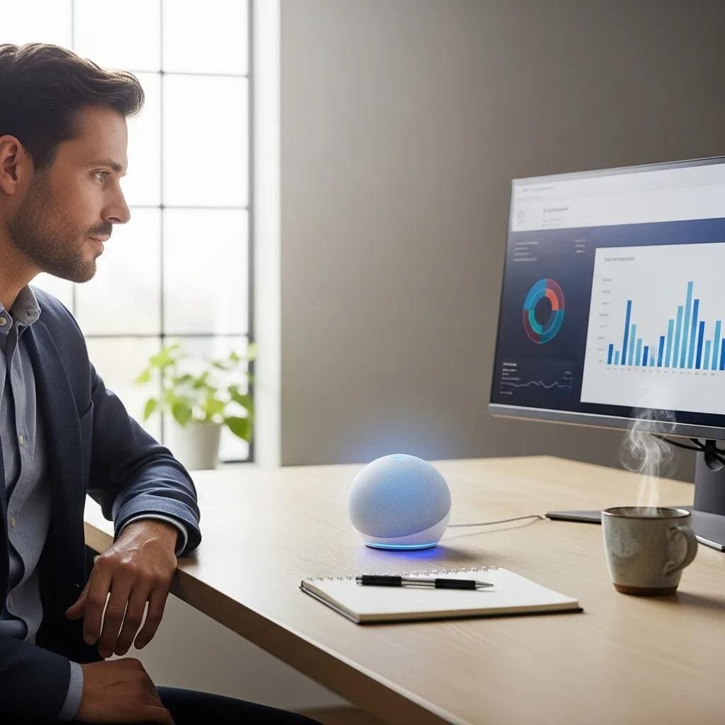 AI voice assistant device in a modern office setting, symbolizing innovation in business communication