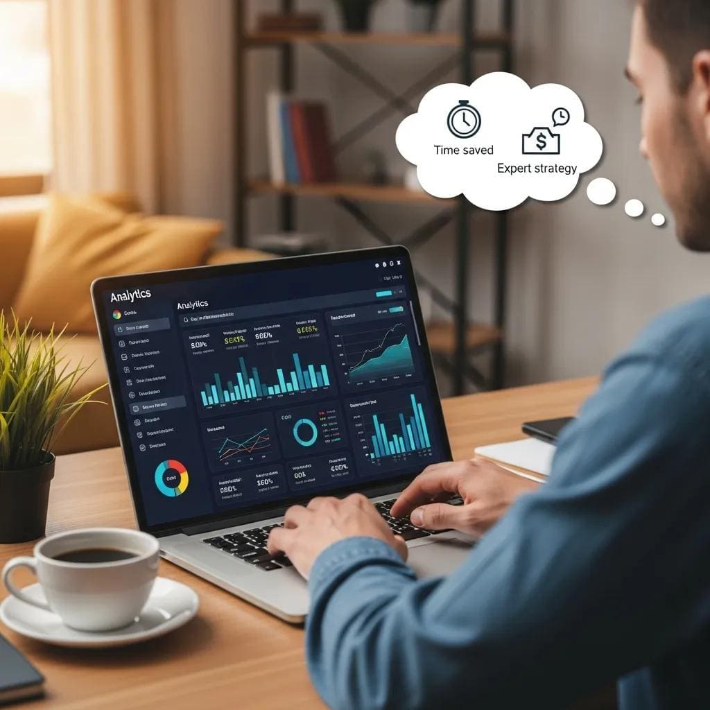 Business owner analyzing PPC management benefits with analytics on a laptop