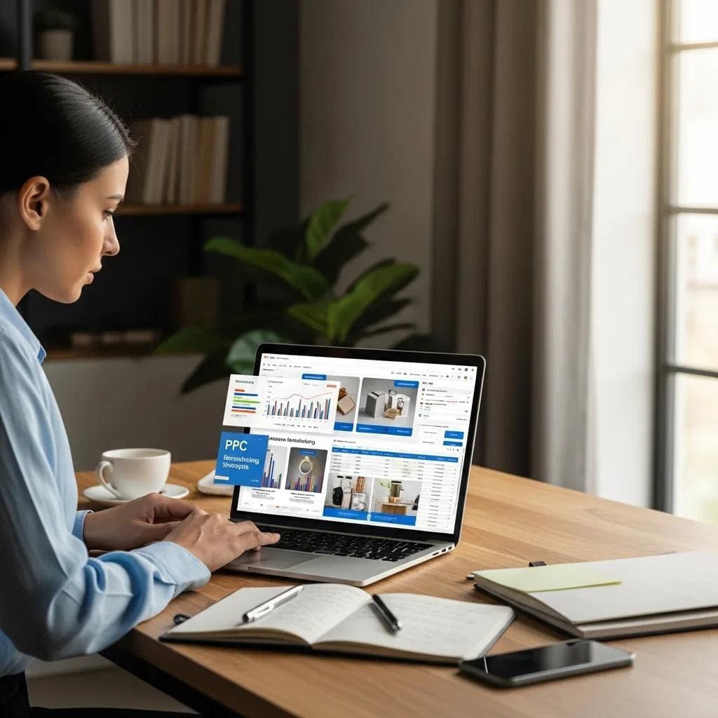 Woman analyzing PPC remarketing strategies on a laptop, displaying graphs and digital marketing elements, with a notepad and coffee cup on a wooden desk.