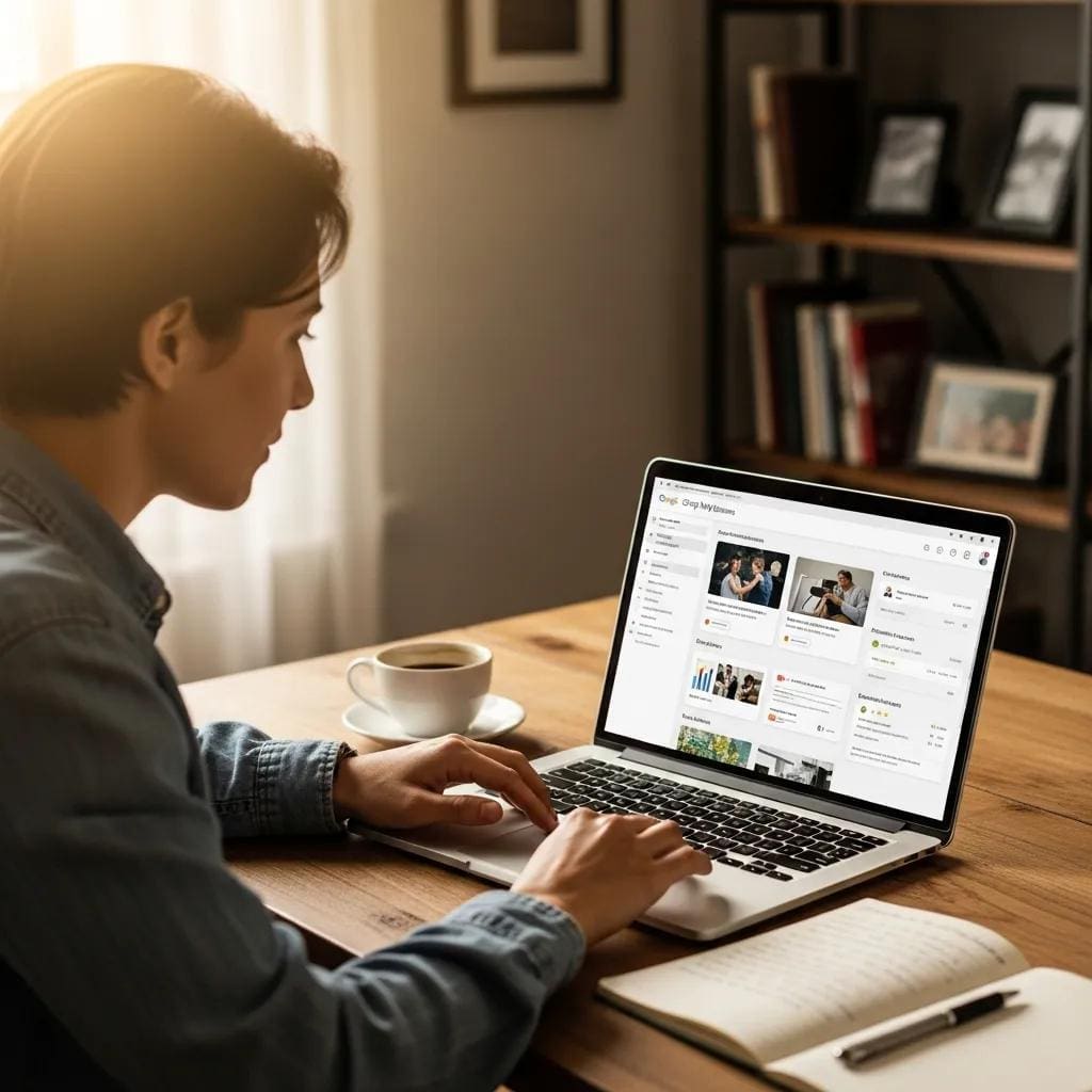 Business owner optimizing Google My Business profile in a cozy office