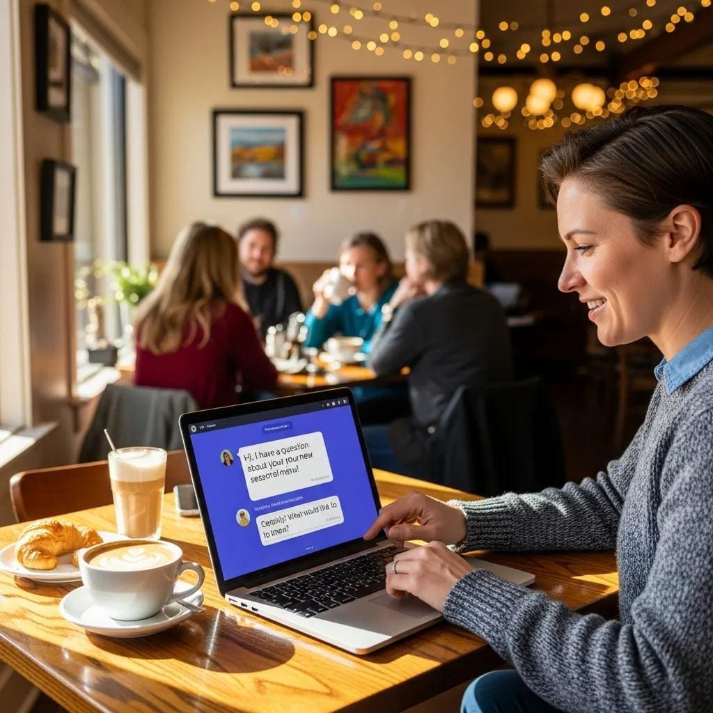 Business owner using a chat widget on a laptop in a cozy caf&eacute;, emphasizing customer engagement