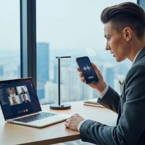 Business person engaging with AI voice technology in a modern office setting