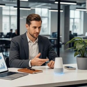 Business professional interacting with an AI voice assistant in a modern office