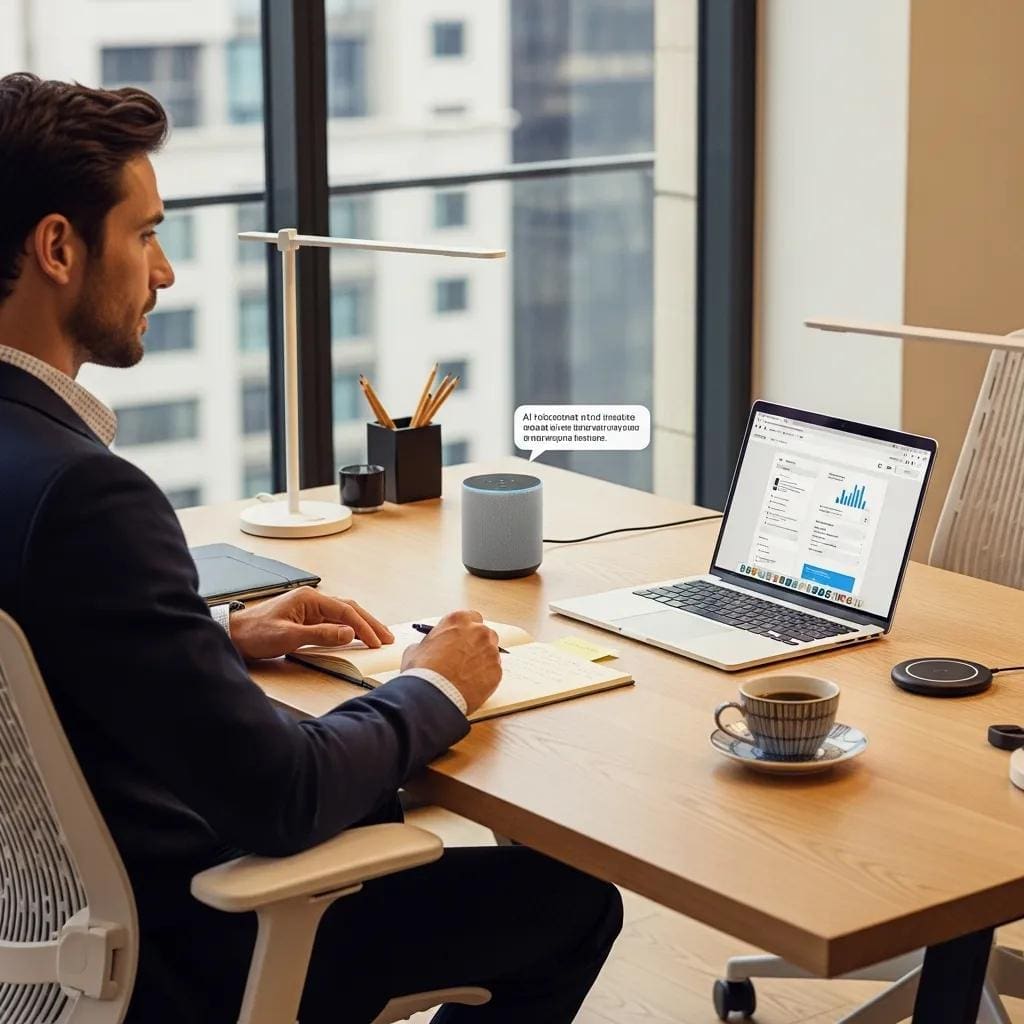 Business professional interacting with an AI voice assistant in a modern office setting