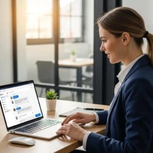 Business professional using a chat widget on a laptop in a modern office setting