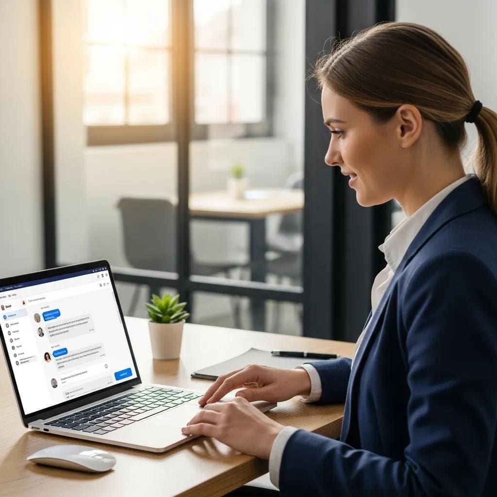 Business professional using a chat widget on a laptop in a modern office setting
