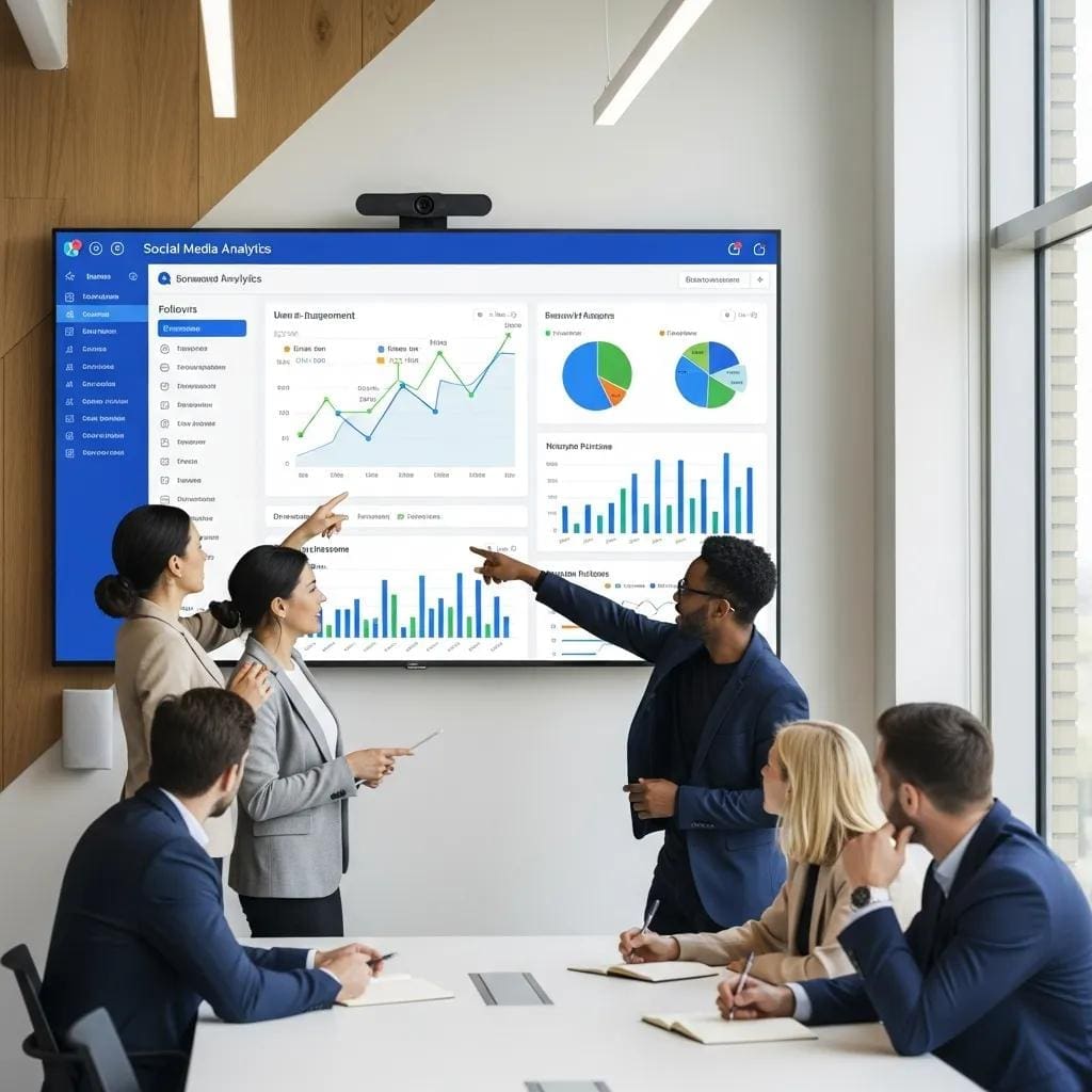Business team analyzing social media metrics for growth strategies