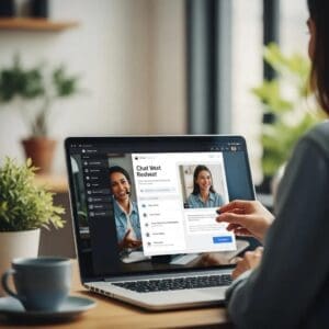 Chat widget interface on a laptop in a modern office, showcasing real-time customer interaction