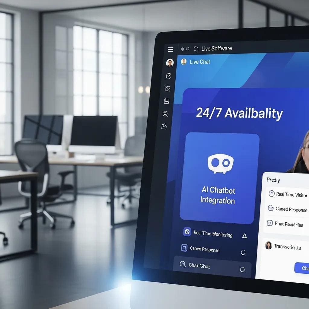 Close-up of a computer screen showcasing live chat software features in a modern office