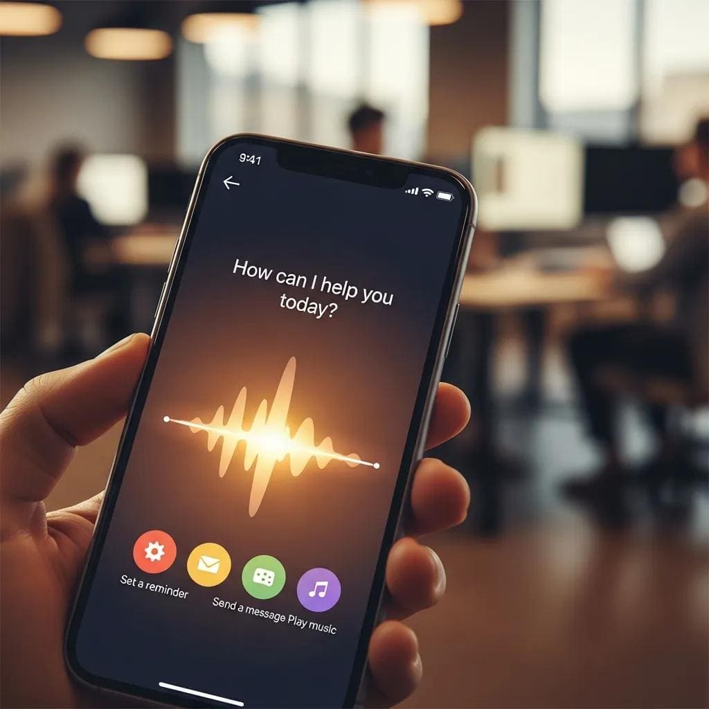 Close-up of a smartphone showing an AI voice assistant interface in a busy office setting