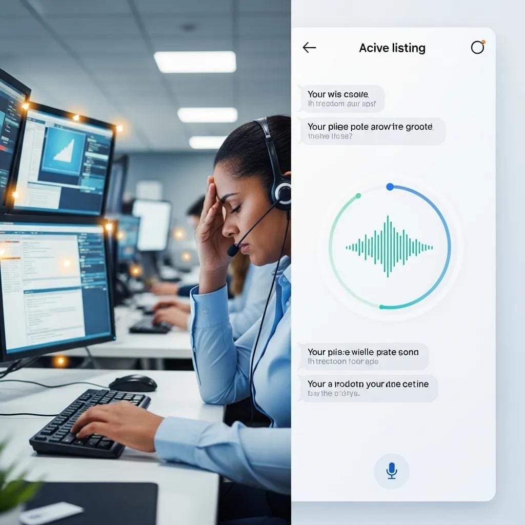 Comparison of a busy customer service representative and an AI voice assistant interface, illustrating the benefits of automation