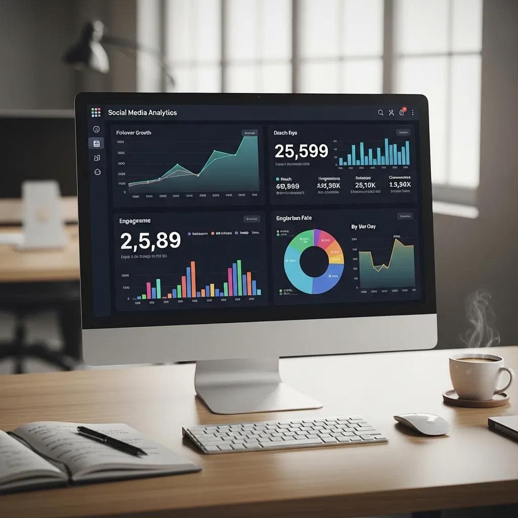 Computer screen displaying social media analytics and performance metrics in a professional workspace