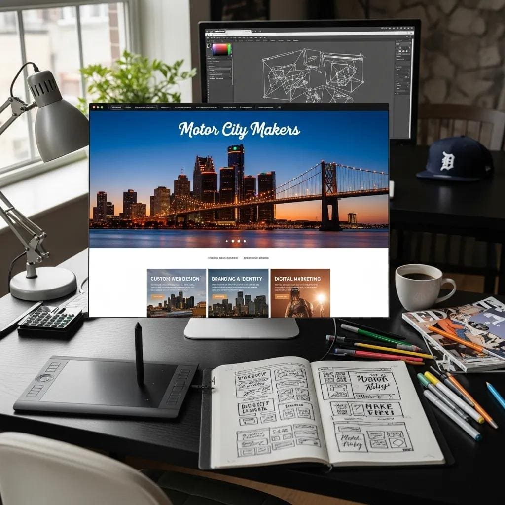 Computer screen showcasing a custom web design for a Detroit business in a creative workspace
