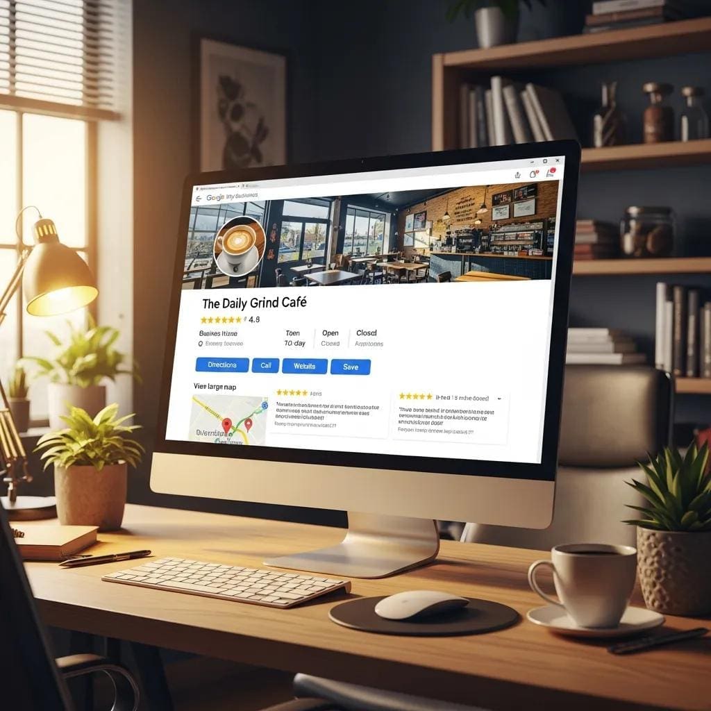 Computer screen showing an optimized Google My Business profile for local SEO