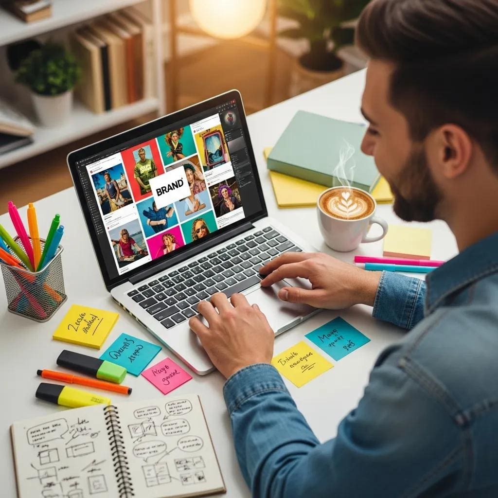 Content creator designing engaging social media posts in a cozy workspace