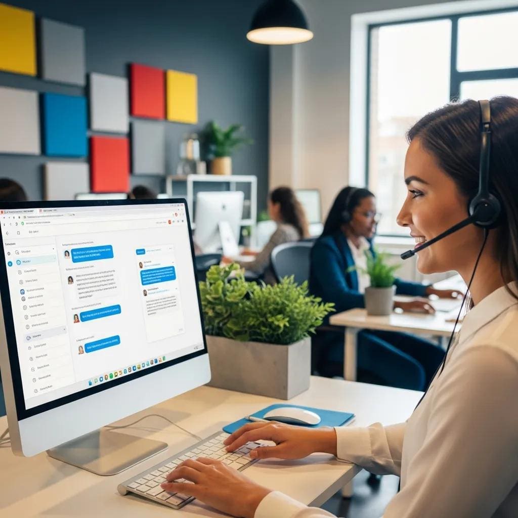Customer service representative engaging with a chat widget on a desktop computer