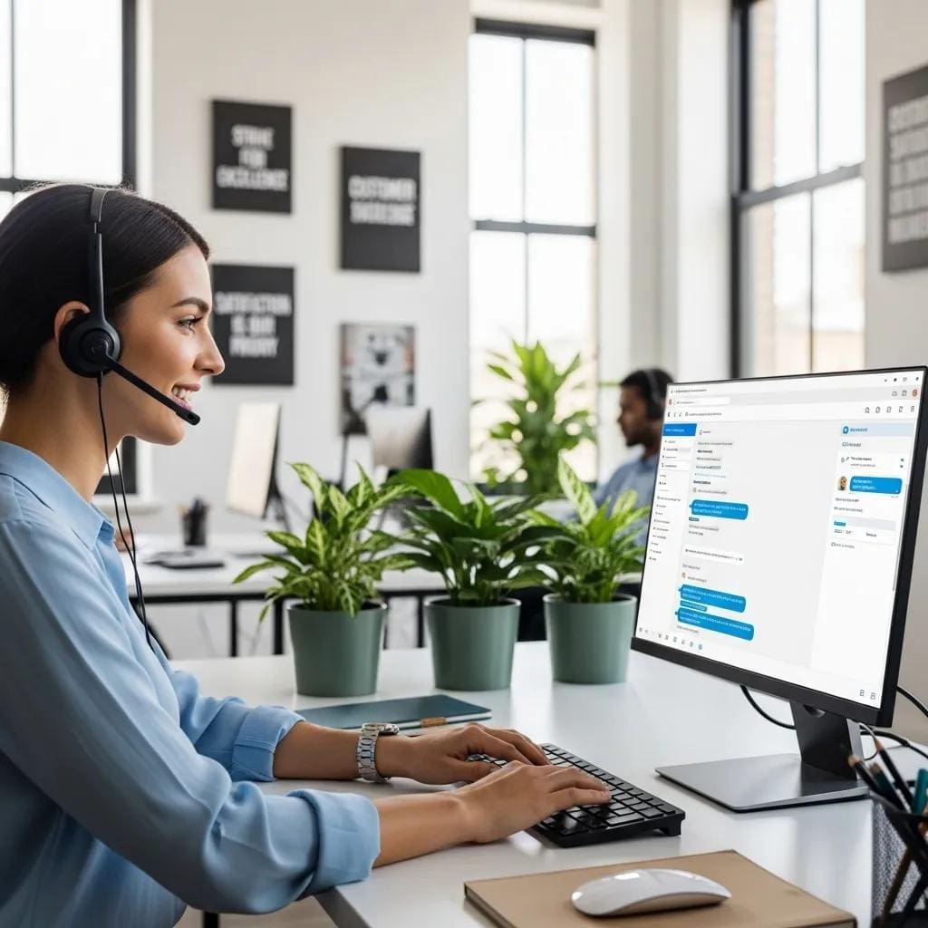 Customer service representative engaging with a customer via live chat in a modern office