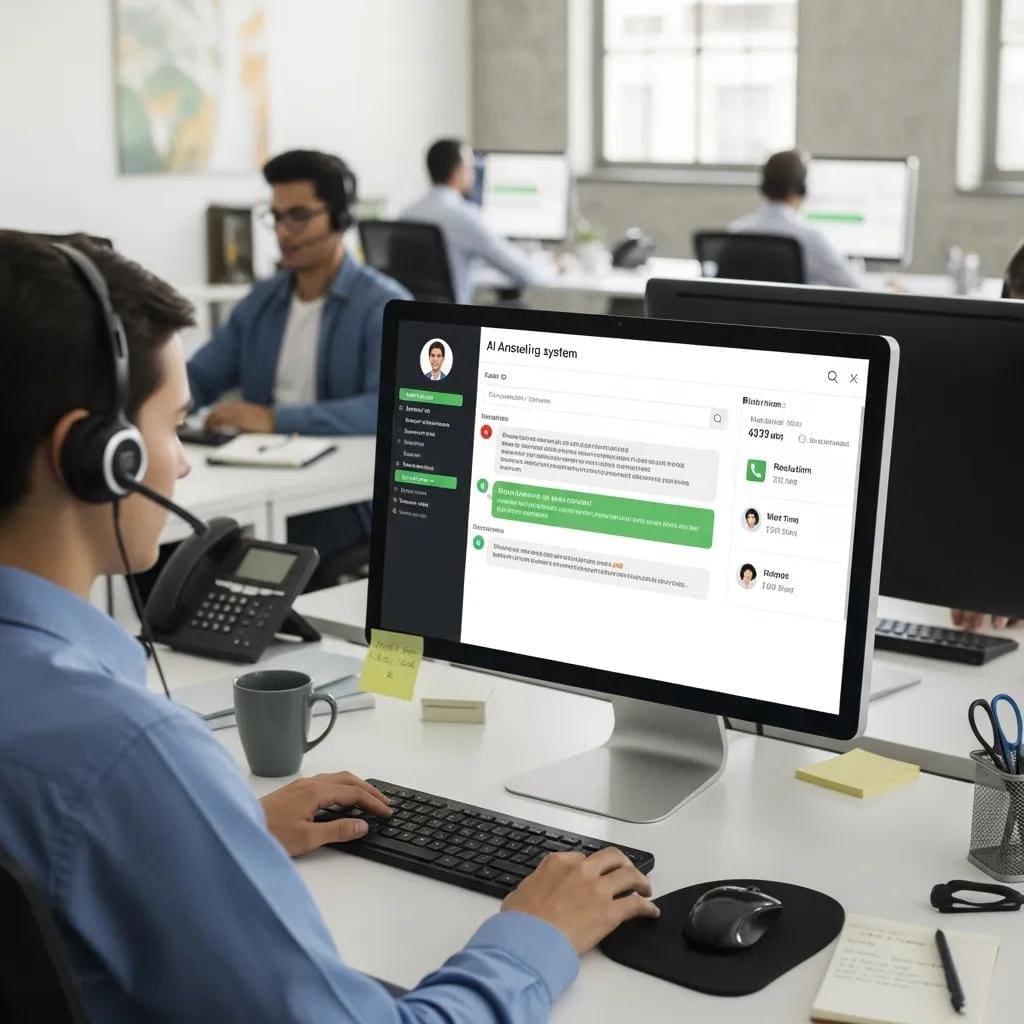Customer service representative engaging with an AI phone answering system, highlighting benefits of automation