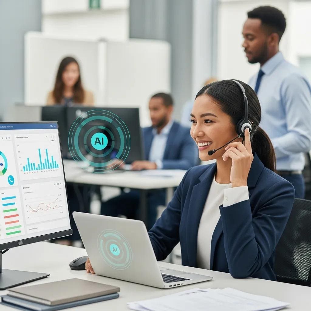 Customer service representative using AI phone answering technology in a busy office