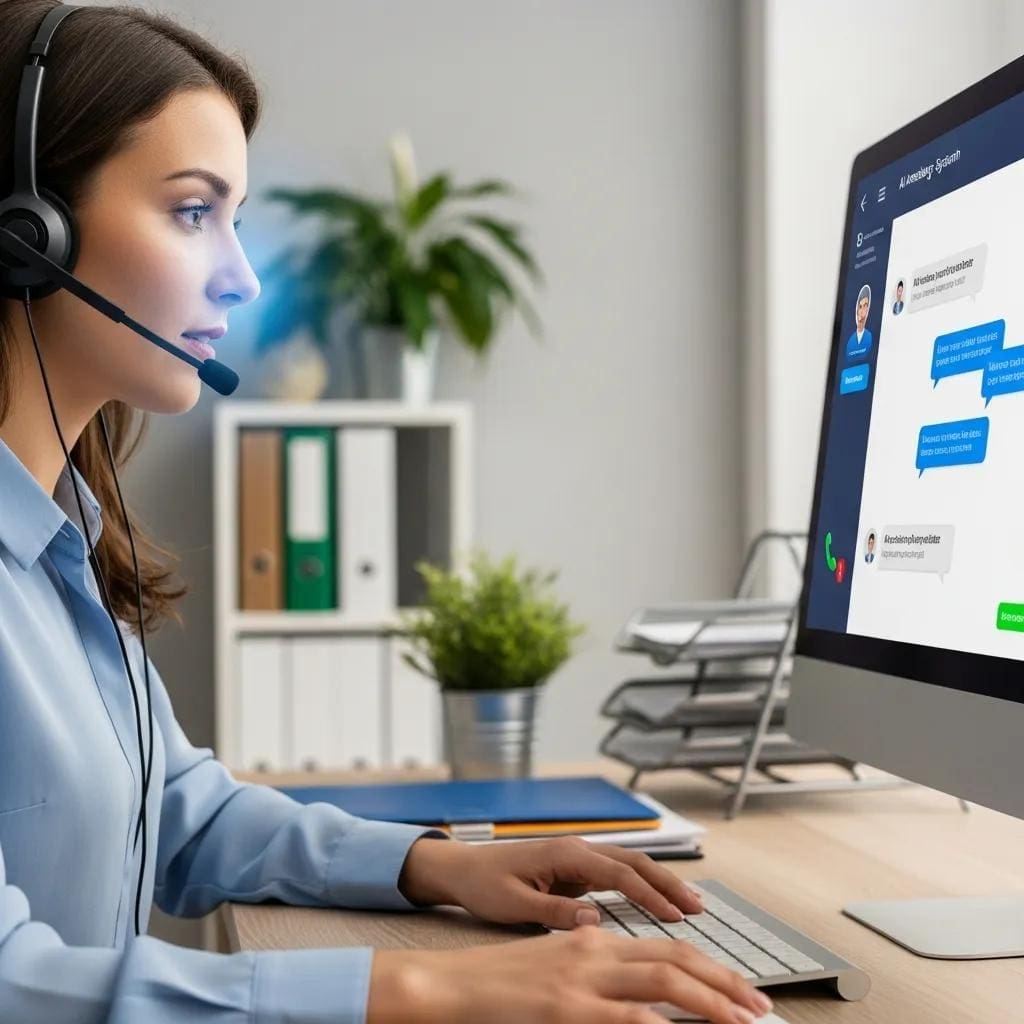 Customer service representative using AI phone answering technology in an office
