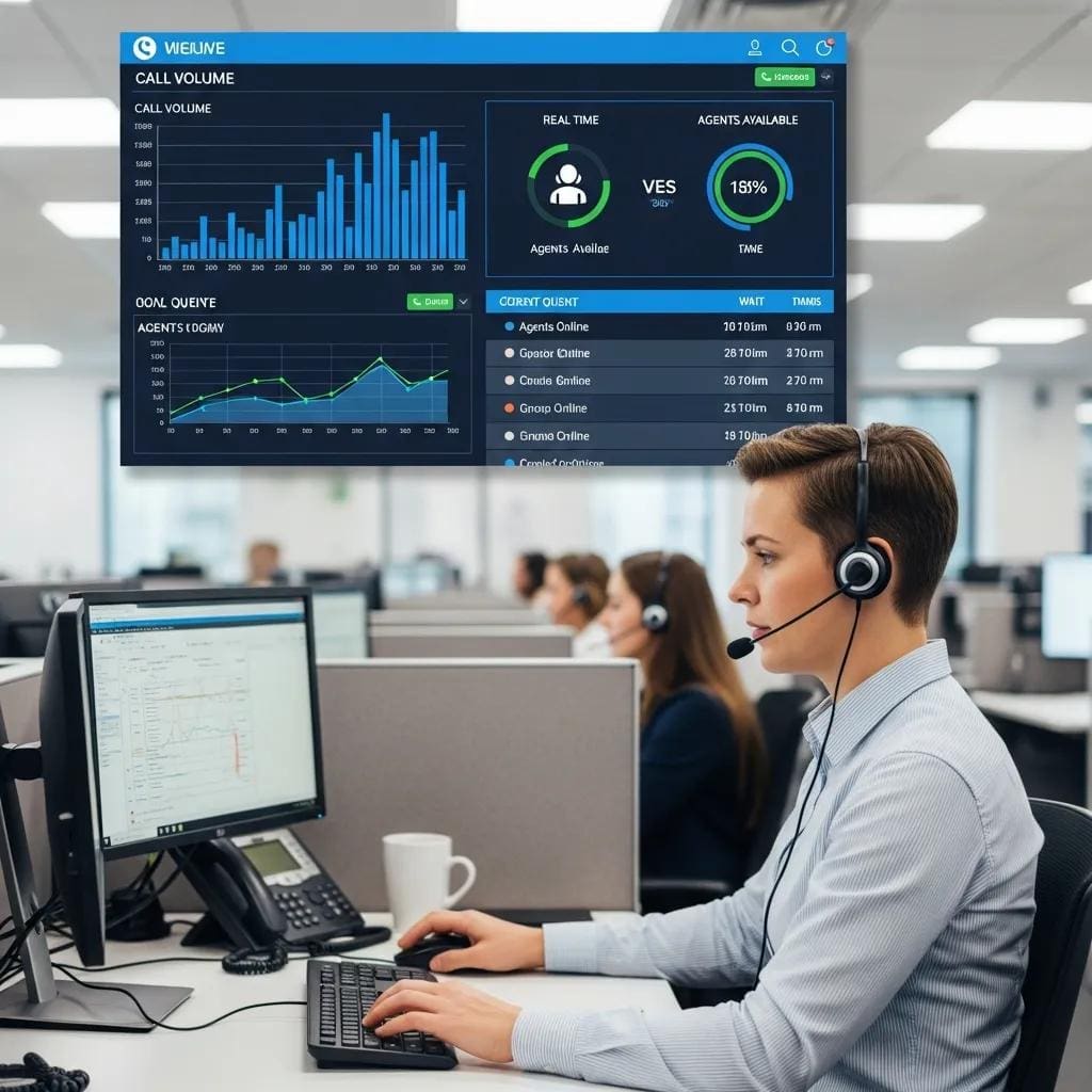 Customer service representative using an automated phone answering system in a busy call center, illustrating enhanced customer interaction