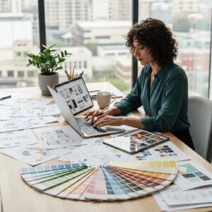 Designer working on a laptop in a creative workspace, emphasizing custom web design services