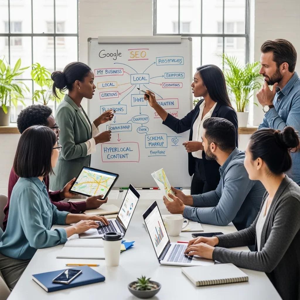 Digital marketing team brainstorming local SEO strategies in a modern office