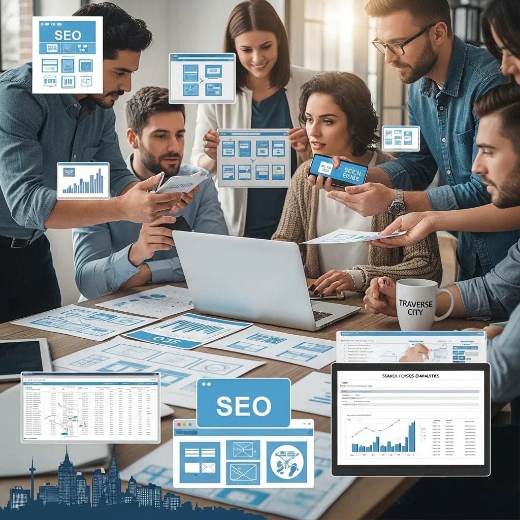 Digital marketing team collaborating on SEO and web design strategies in Traverse City
