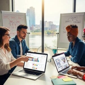 Digital marketing team collaborating on SEO strategies in a modern office