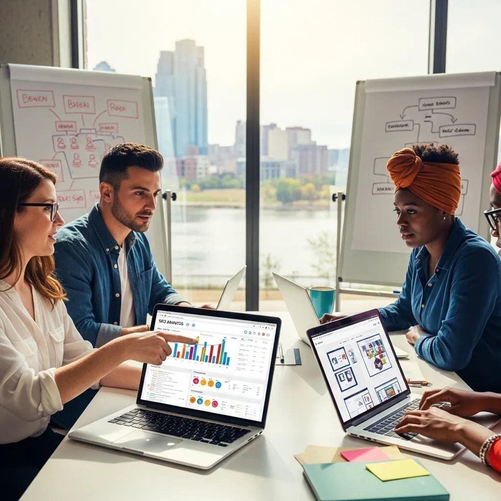 Digital marketing team collaborating on SEO strategies in a modern office with laptops displaying analytics and graphs, overlooking a cityscape.
