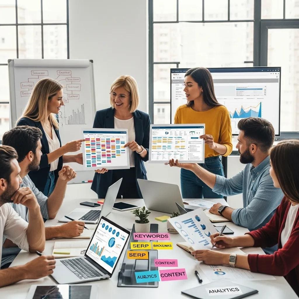Digital marketing team collaborating on SEO strategy