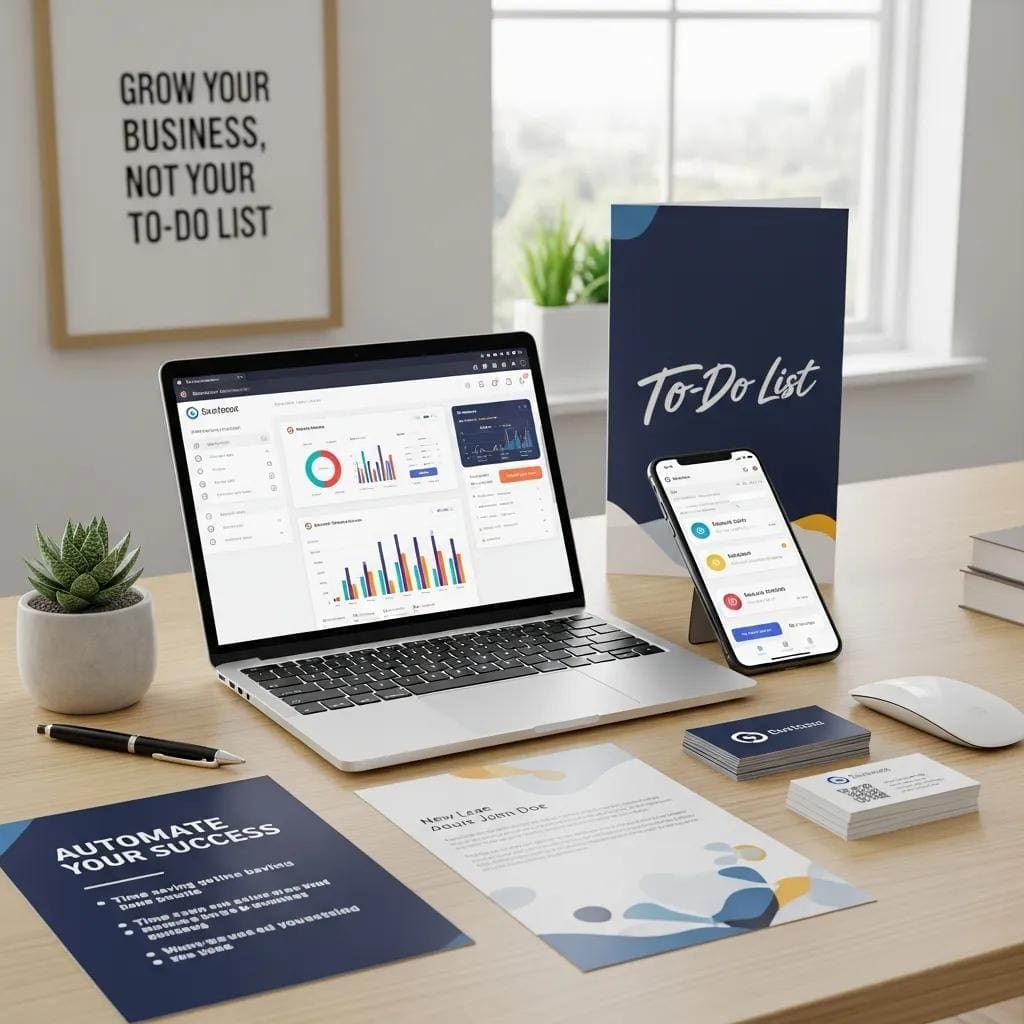 Display of small business automation tools on a desk, emphasizing productivity and growth