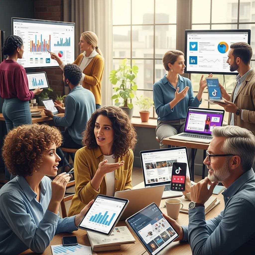 Diverse group of people engaging with social media platforms, highlighting community interaction