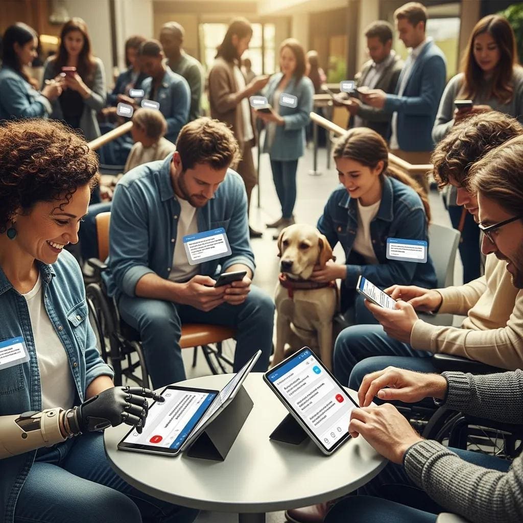 Diverse group of people using chat widgets on different devices in a public space, highlighting accessibility