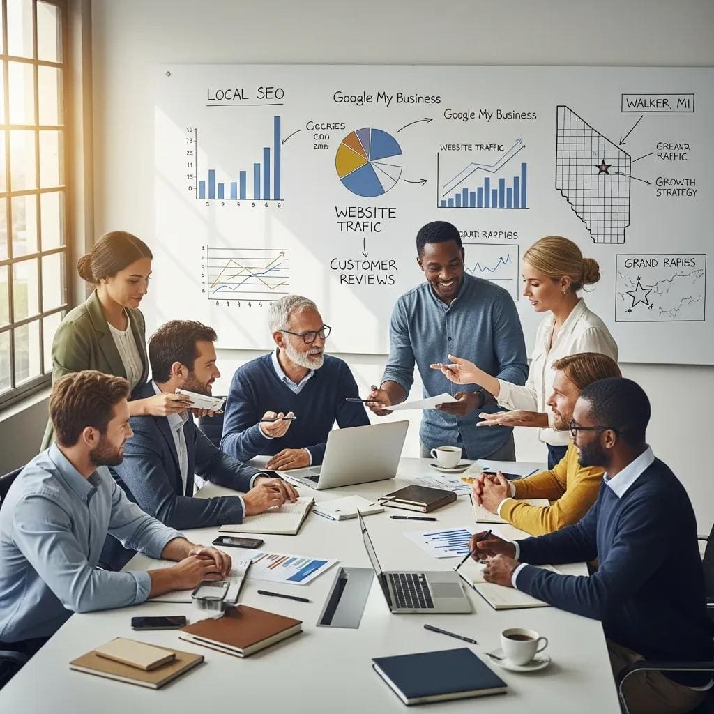 Diverse local business owners in Walker, MI, collaborating on local SEO strategies in a modern office
