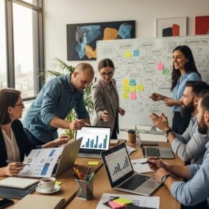 Diverse professionals collaborating on Google Ads strategy in a modern office