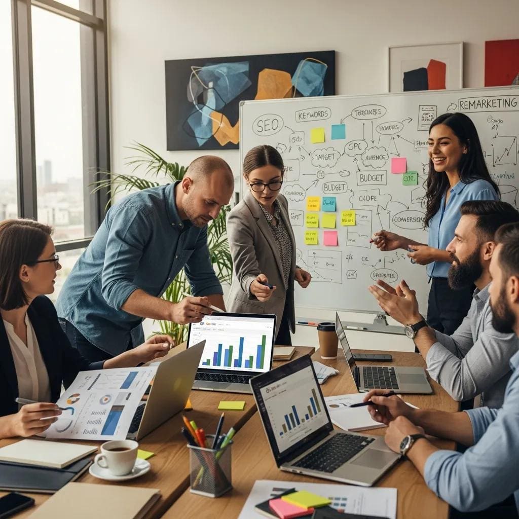 Diverse professionals collaborating on Google Ads strategy in a modern office
