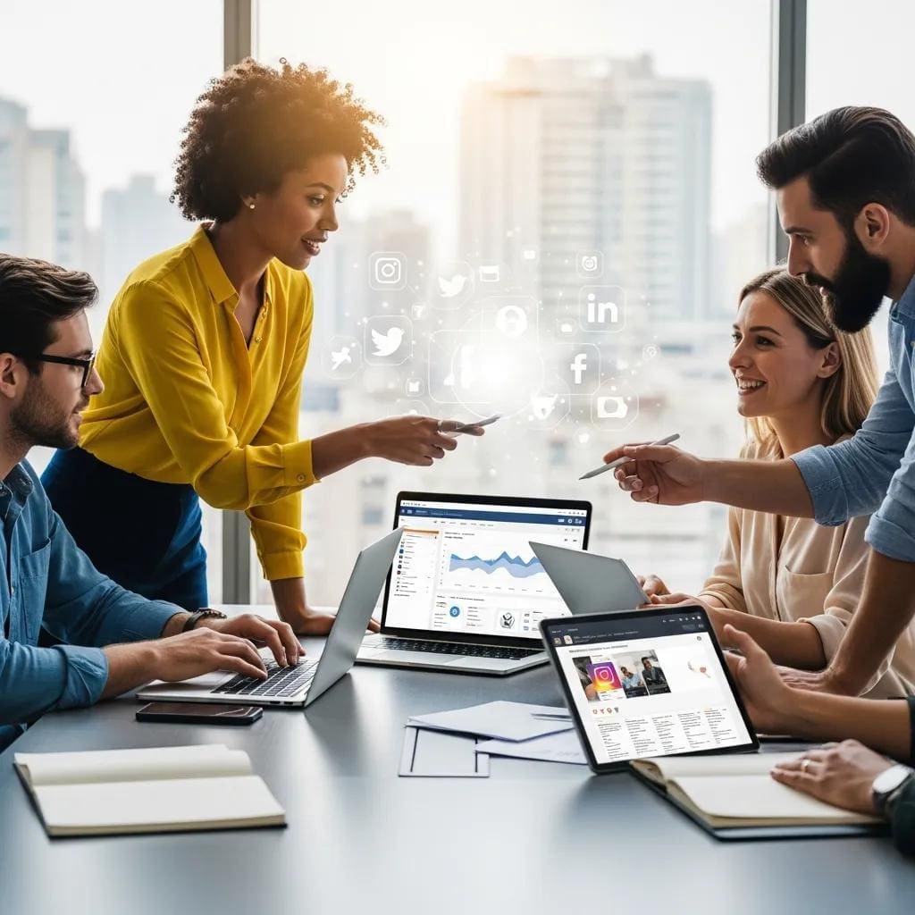 Diverse professionals collaborating on social media strategies in a modern office