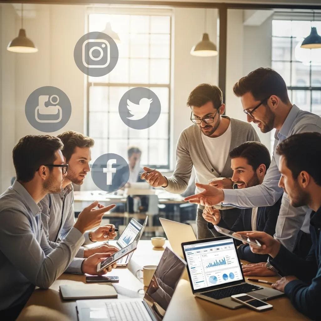 Diverse professionals collaborating on social media strategies in a modern office