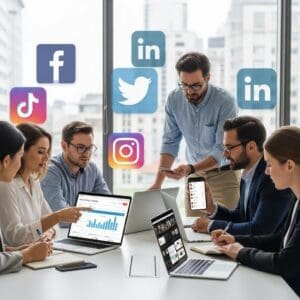 Diverse professionals collaborating on social media strategies in a modern office