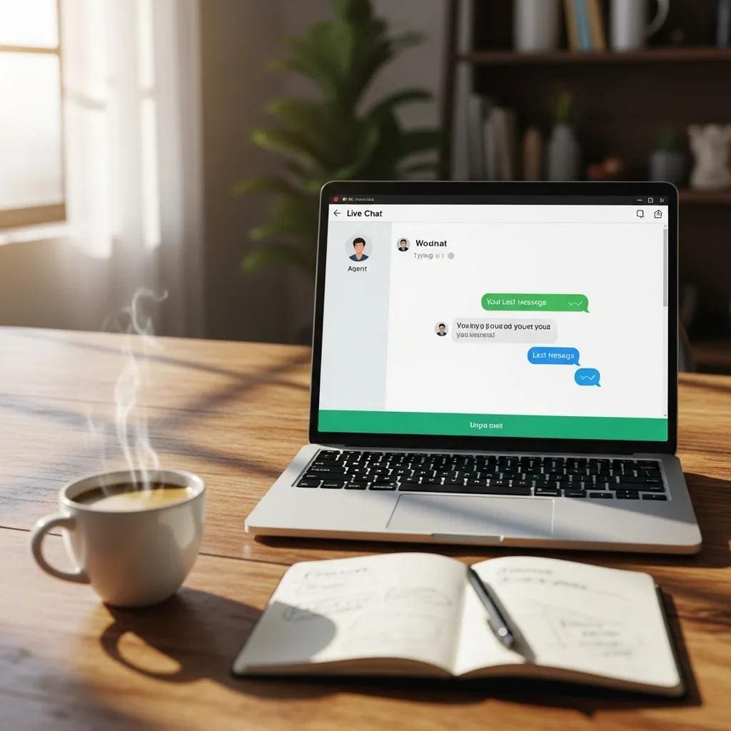 Live chat interface on a laptop in a cozy workspace, symbolizing customer engagement