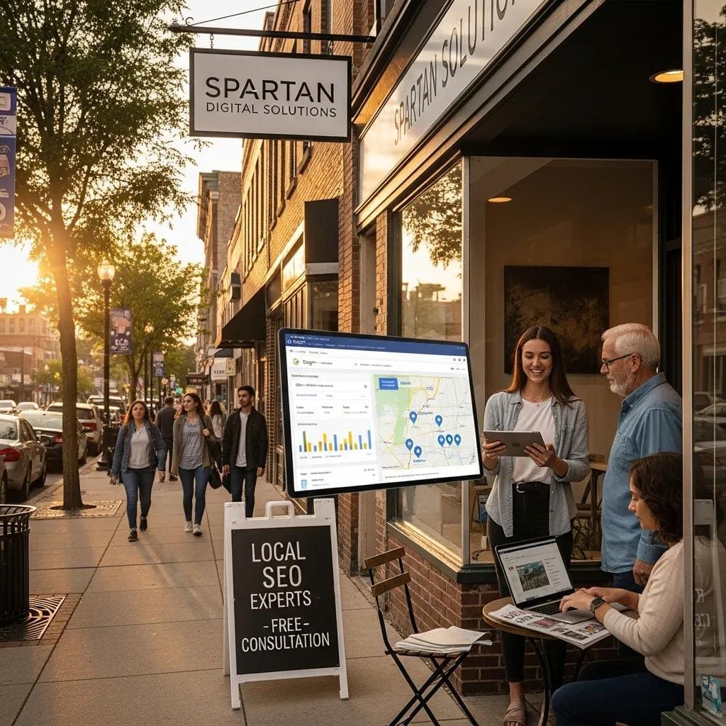 Local business in East Lansing with digital marketing elements highlighting local SEO services