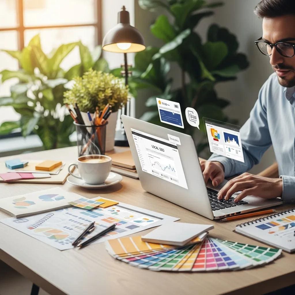 Local business owner engaged in web design and SEO work in a modern office setting