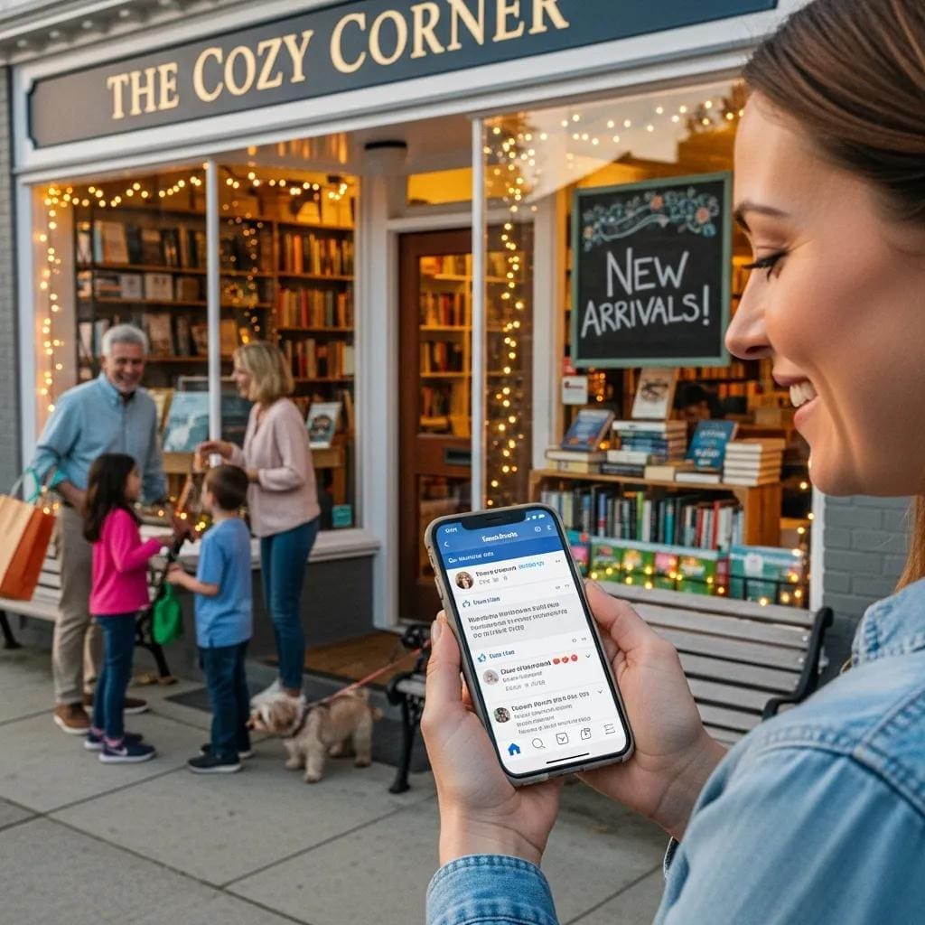 Local business owner engaging with customers on Facebook in a welcoming storefront