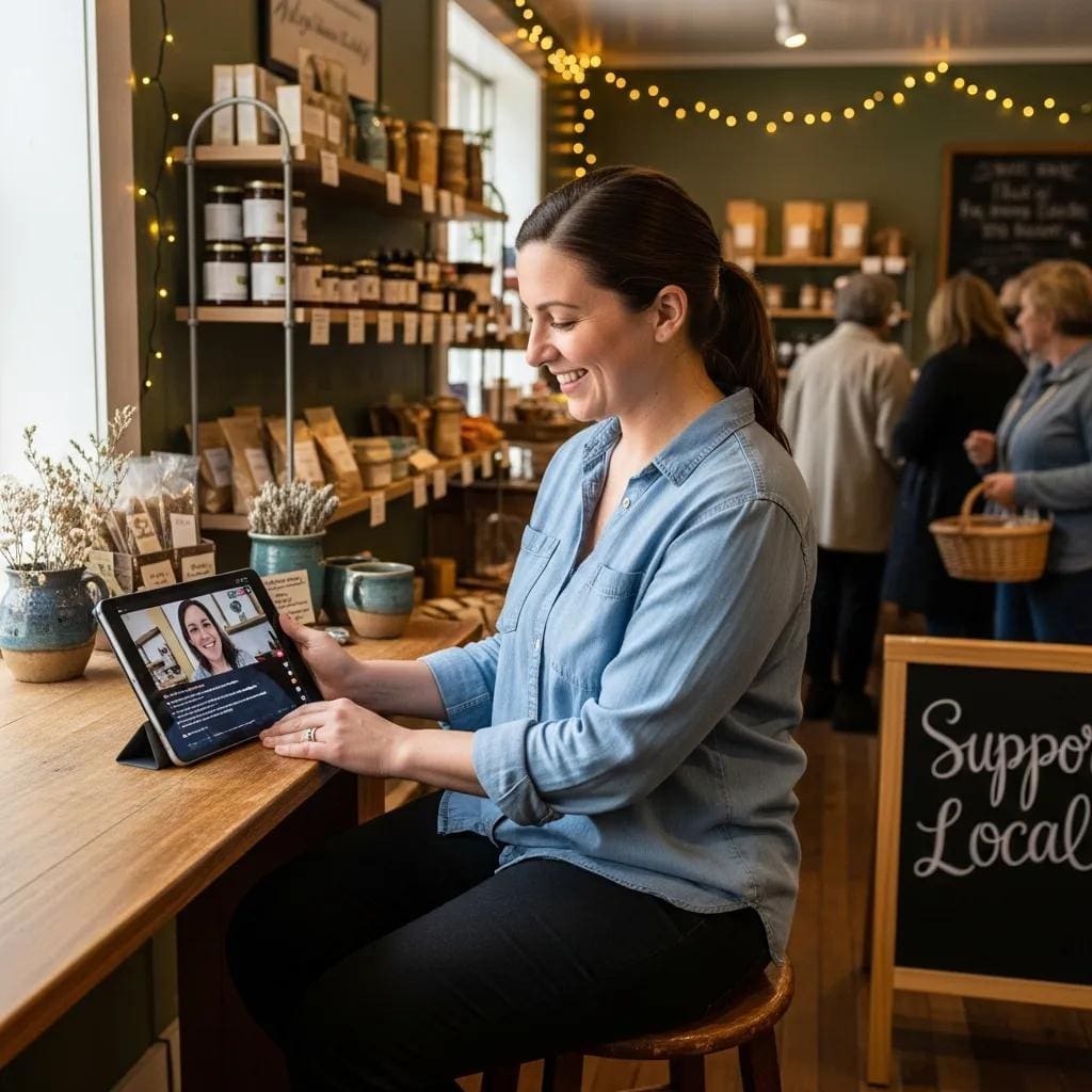 Local business owner engaging with customers on social media in a cozy shop