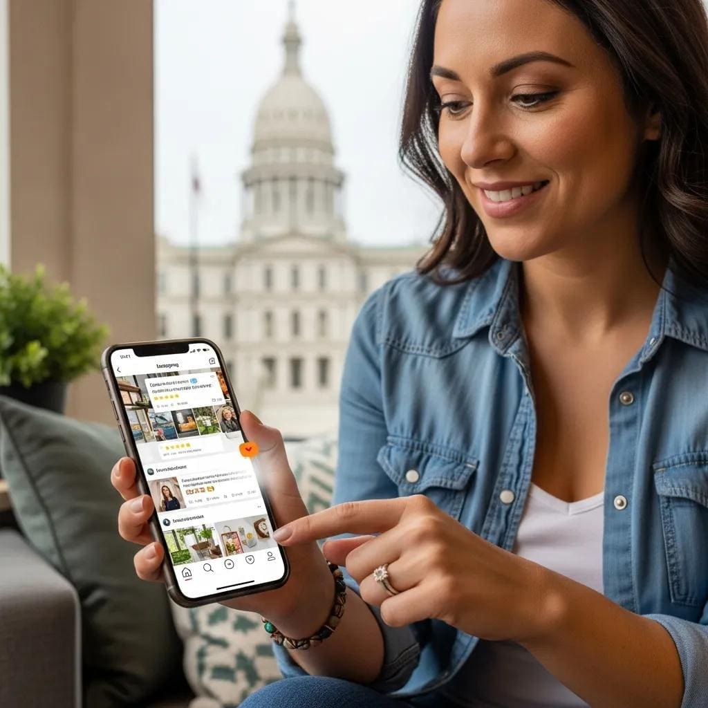 Local business owner engaging with customers on social media in front of a Lansing landmark